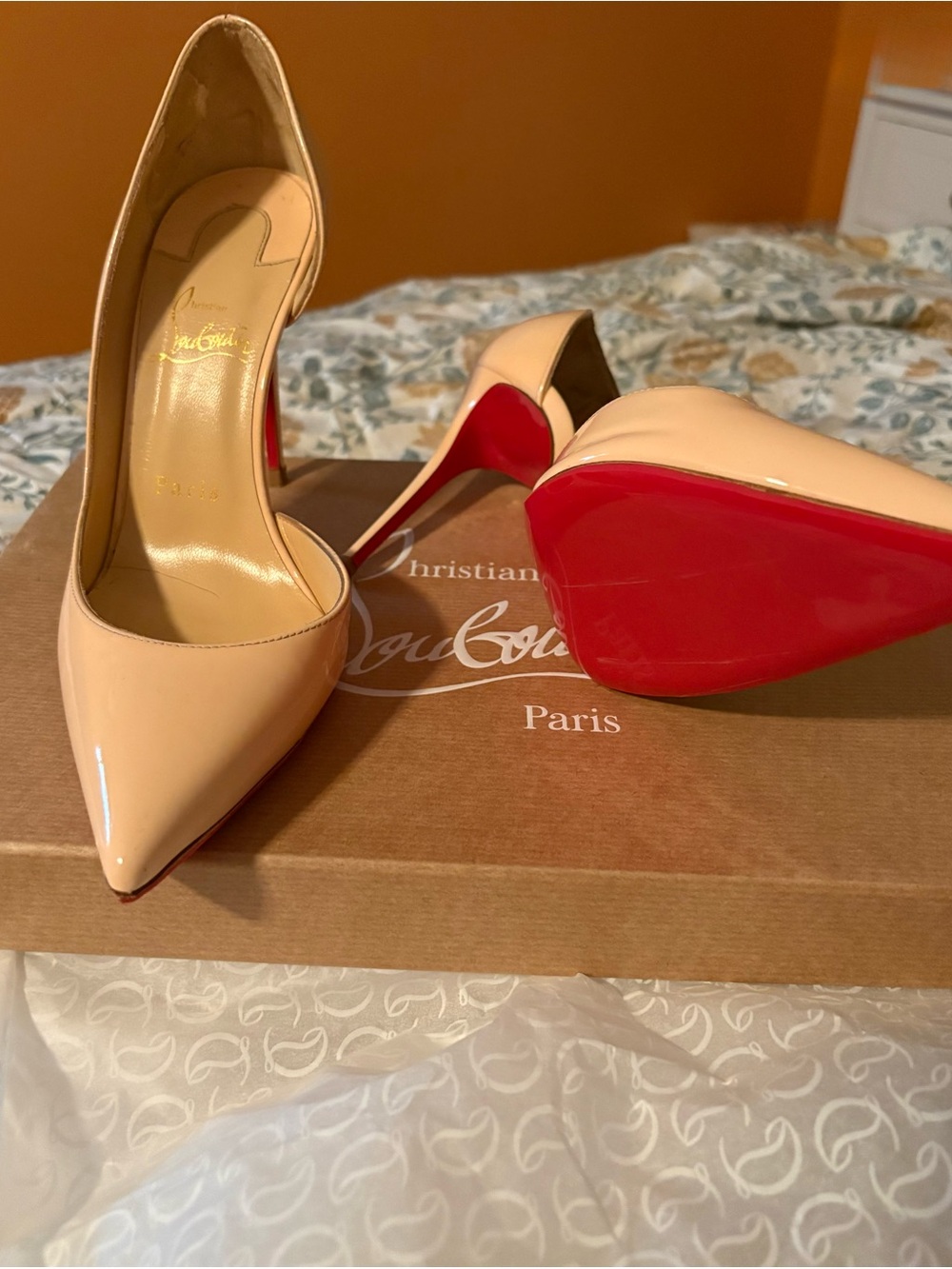 Christian Louboutin Nude Patent Pumps with Red Soles